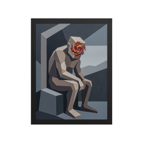 Cubism wall art exploring mythology, 'Vortex of Thought'. A cubist painting of a seated geometric figure with a swirling red and blue vortex face in a boardroom wall art layout.