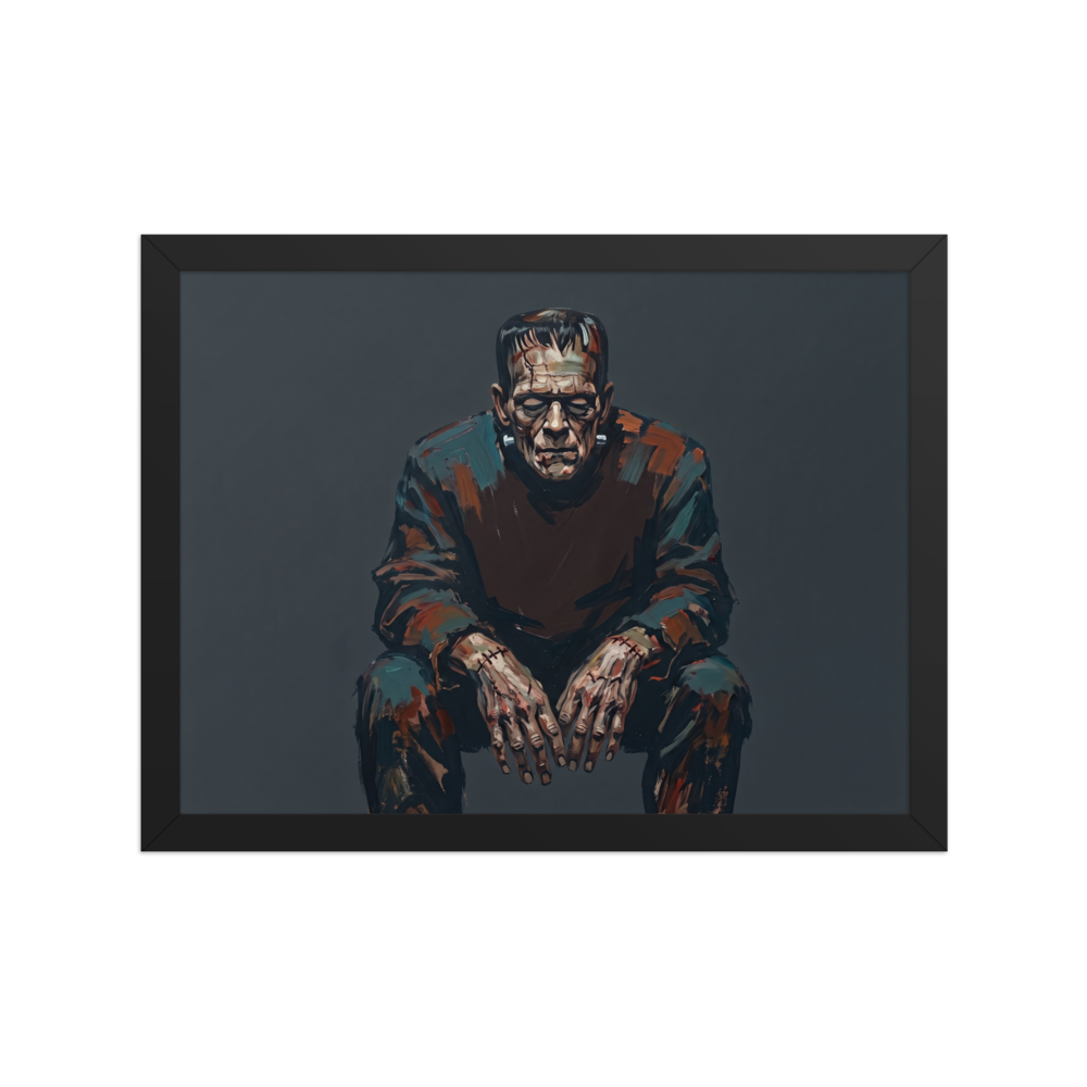 'Frankenstein's Solitude', a Expressionism wall art print. A somber painting of Frankenstein's monster sitting bowed with stitched hands in a dark den wall art setting.