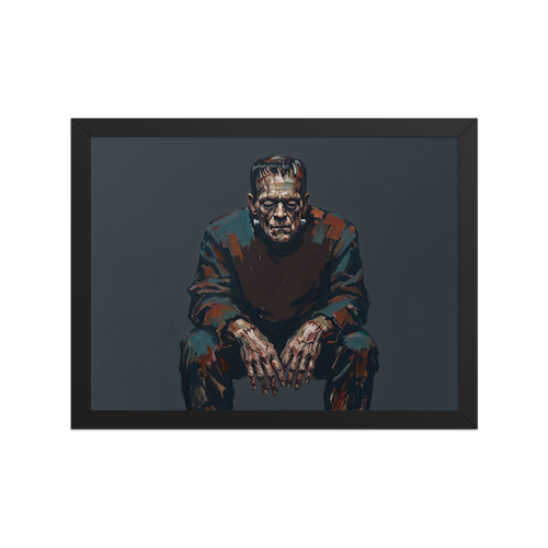 'Frankenstein's Solitude', a Expressionism wall art print. A somber painting of Frankenstein's monster sitting bowed with stitched hands in a dark den wall art setting.