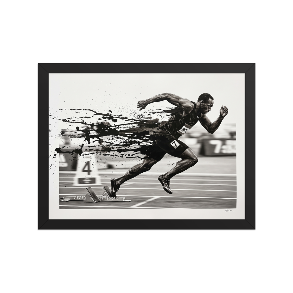 A monochrome black and white artwork of a sprinter exploding off starting blocks, perfect as gym wall art. Shown here as the Realism print 'Explosion off the Blocks'.