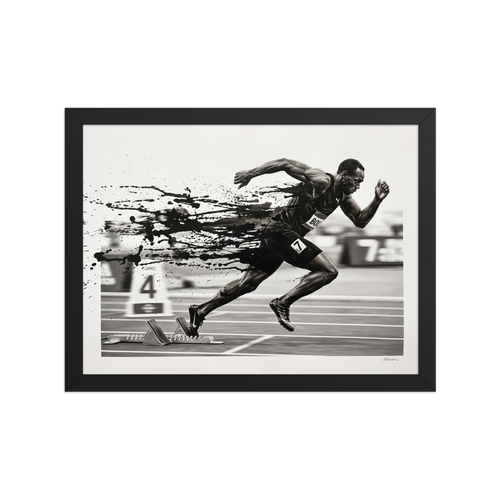 A monochrome black and white artwork of a sprinter exploding off starting blocks, perfect as gym wall art. Shown here as the Realism print 'Explosion off the Blocks'.