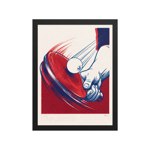 Graphic vintage sports art showing a hand striking a ping pong ball with a red table tennis paddle, ideal for game room decor. Shown here as the Pop art print 'Spin and Stroke'.
