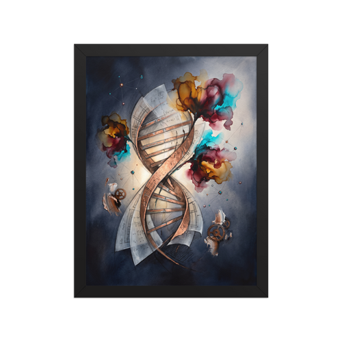 A wonder / awe Lyco art print, 'The Architecture of Life'. A luminous bronze DNA double helix surrounded by scientific equations, molecular constellations, and vibrant bursts of turquoise and amber watercolor against a dark blue background.