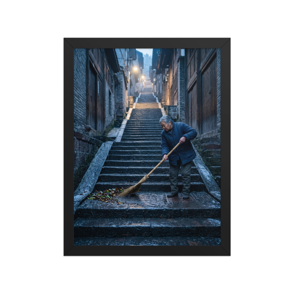 Wall art print 'Dawn on the Steps' in a Art photography style. An elderly woman sweeps stone stairs in a quiet atmospheric alleyway, bringing a sense of peaceful contemplation suited for a hallway.
