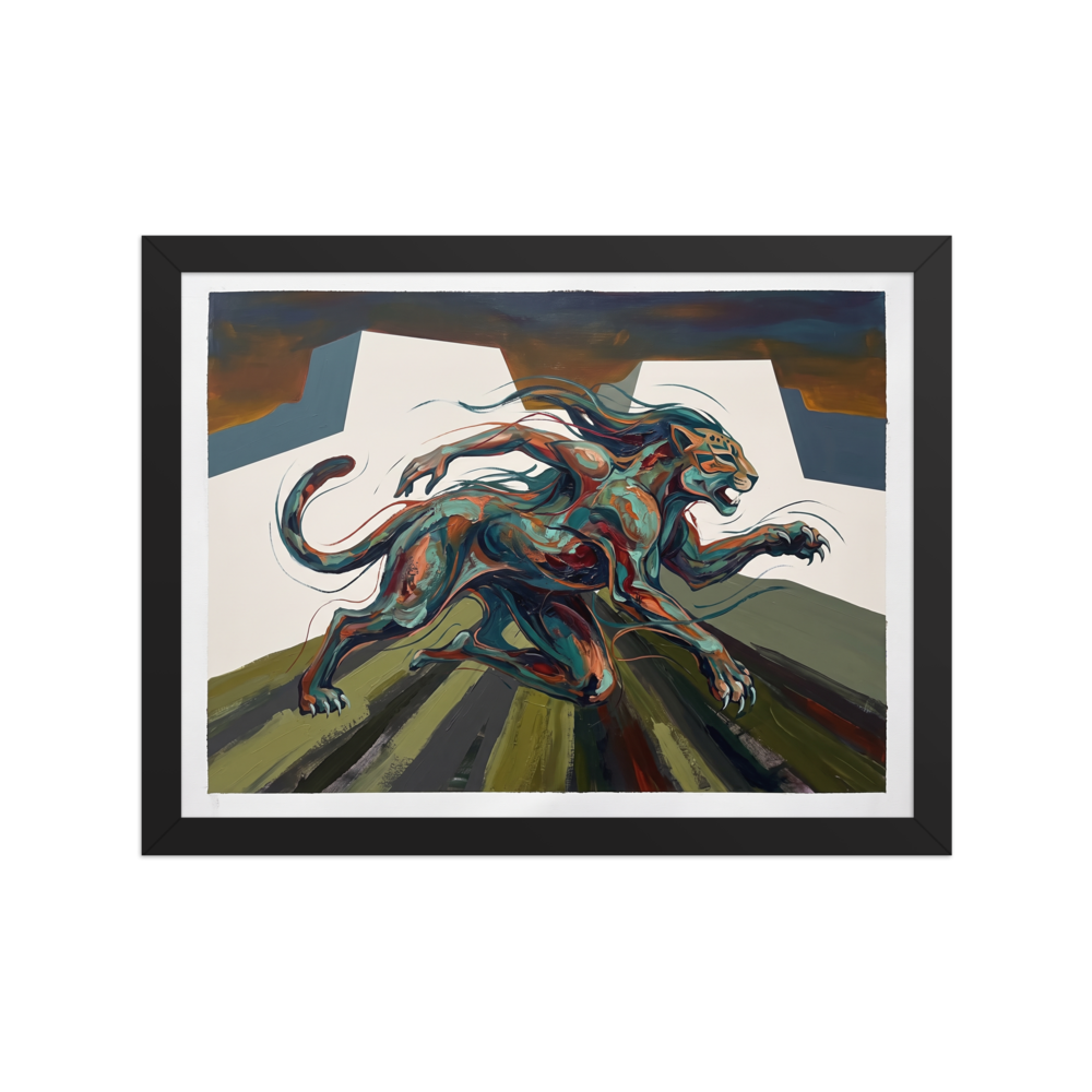 Dynamic painting of a Mesoamerican jaguar spirit sprinting past stepped pyramids in teal and copper tones for an office wall. A Expressionism art print titled 'Jaguar Spirit Bounds'.