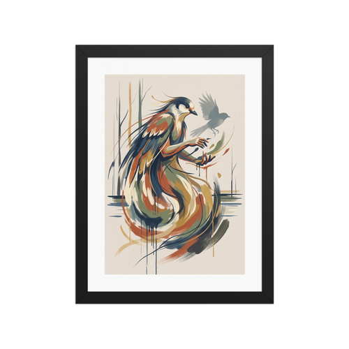 'Song of the Gamayun', a Art Nouveau wall art print. Graphic stylized illustration of the mythical Gamayun bird woman, ideal for a bedroom wall.