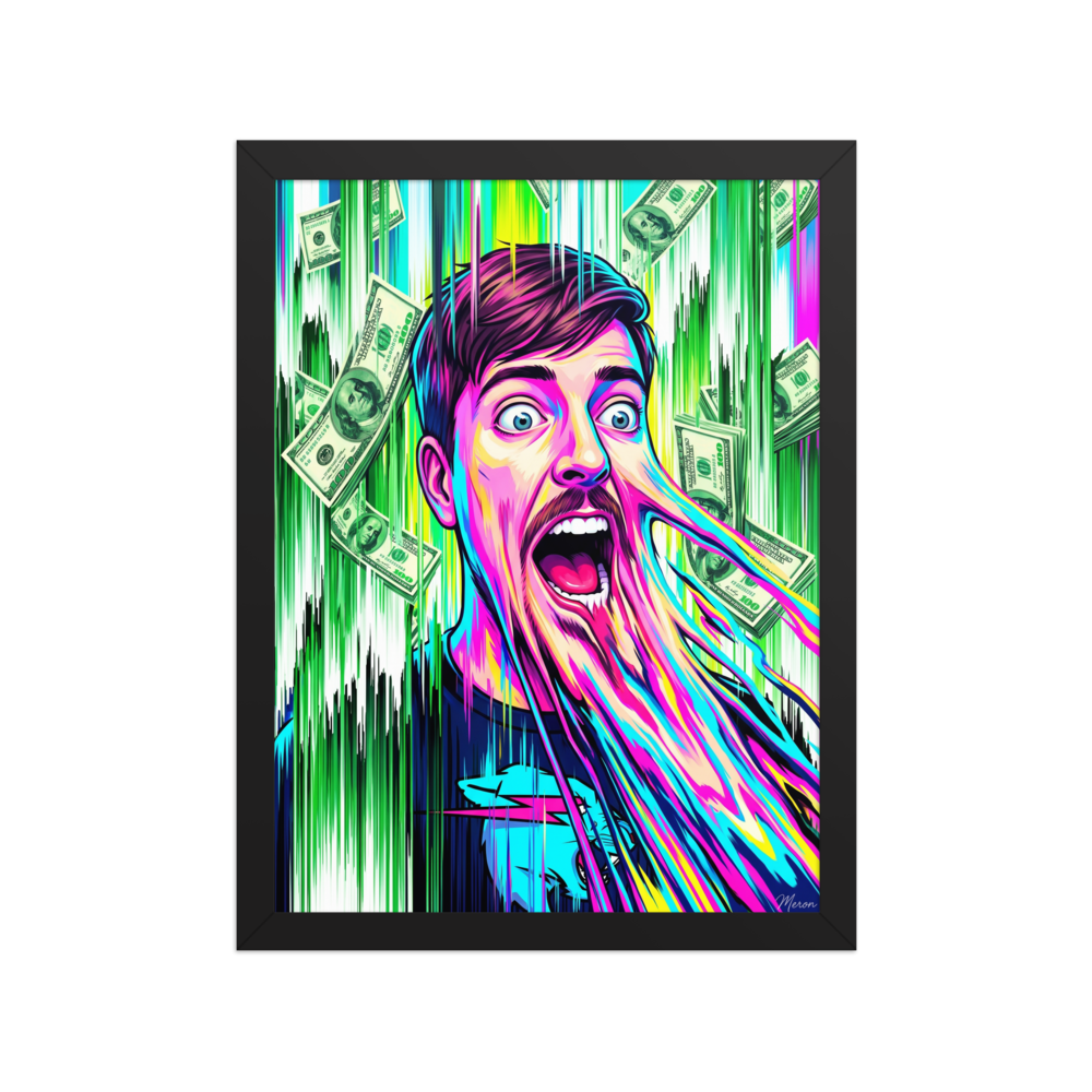 A glitch art portrait of YouTuber MrBeast with melting facial features and falling hundred dollar bills, perfect for adding vibrant energy to a Game Room. Available as the Glitch art art print 'Viral Melt: MrBeast'.