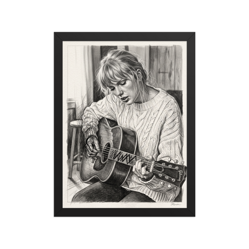 A calmness Realism print, 'Acoustic Reverie'. A detailed black and white pencil sketch of Taylor Swift playing an acoustic guitar in a cozy cable-knit sweater, ideal wall art for a calm bedroom.