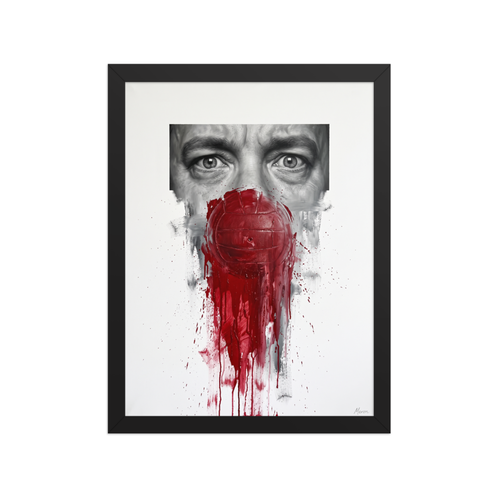 A brooding Realism print, 'Silent Companion'. Monochrome realism portrait of Tom Hanks eyes framed above the iconic bloody Wilson volleyball from Cast Away, ideal for Home Theater / Cinema wall art.