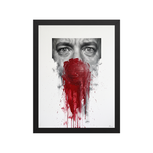 A brooding Realism print, 'Silent Companion'. Monochrome realism portrait of Tom Hanks eyes framed above the iconic bloody Wilson volleyball from Cast Away, ideal for Home Theater / Cinema wall art.