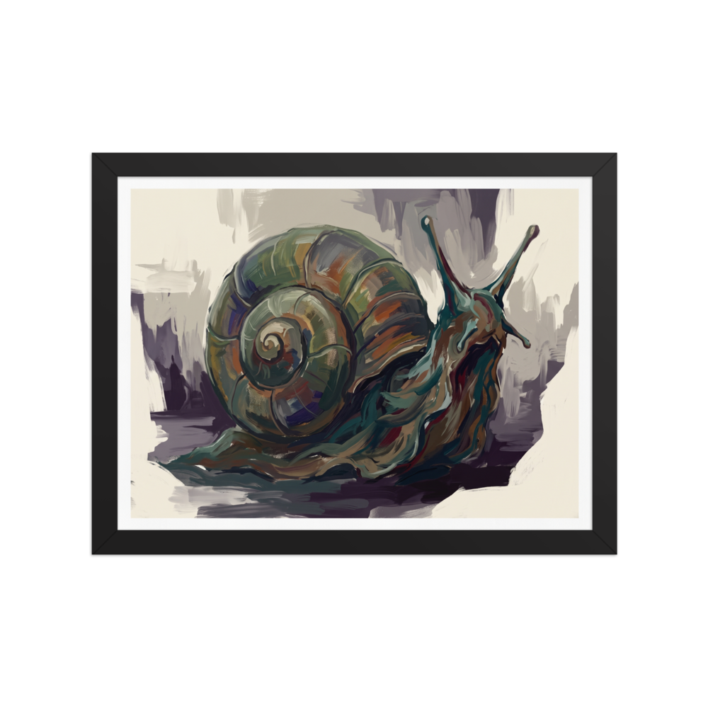 An expressive painting of a giant ancient snail with a spiraled shell in a library, rendered in moss green and deep plum tones. Shown here as the Expressionism print 'The Primordial Snail'.