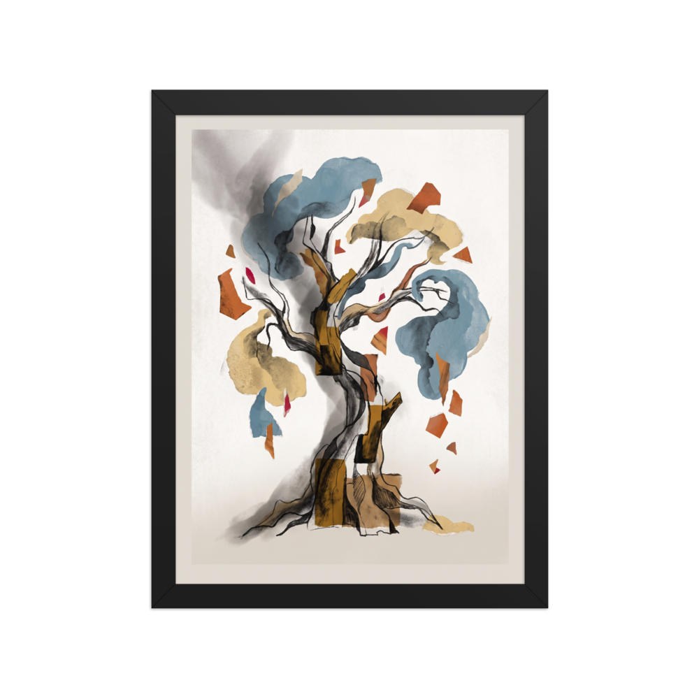 Dau-al-Set wall art, 'Tree of Fragments'. An abstract watercolor and collage artwork depicting an ancient tree with a twisting charcoal trunk, soft blue and ochre foliage clouds, and floating terracotta paper cutouts, perfect for a living room.