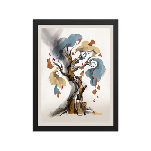 Dau-al-Set wall art, 'Tree of Fragments'. An abstract watercolor and collage artwork depicting an ancient tree with a twisting charcoal trunk, soft blue and ochre foliage clouds, and floating terracotta paper cutouts, perfect for a living room.