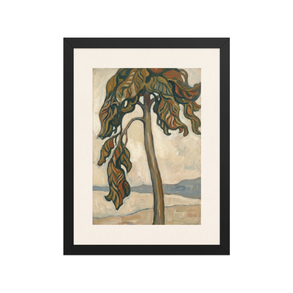 Stylized pine tree with cascading brown and green foliage standing against a soft sky, ideal for Bedroom decor. A Les Nabis print in olive and sienna, 'Solitary Pine by the Shore'.