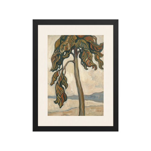 Stylized pine tree with cascading brown and green foliage standing against a soft sky, ideal for Bedroom decor. A Les Nabis print in olive and sienna, 'Solitary Pine by the Shore'.
