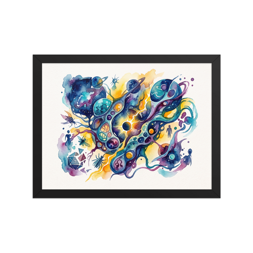 A vibrant watercolor painting of cosmic orbits, cellular shapes, and a polyhedral die, creating captivating wall art for a game room or study. Available as the Dau-al-Set art print 'Cosmic Nexus'.