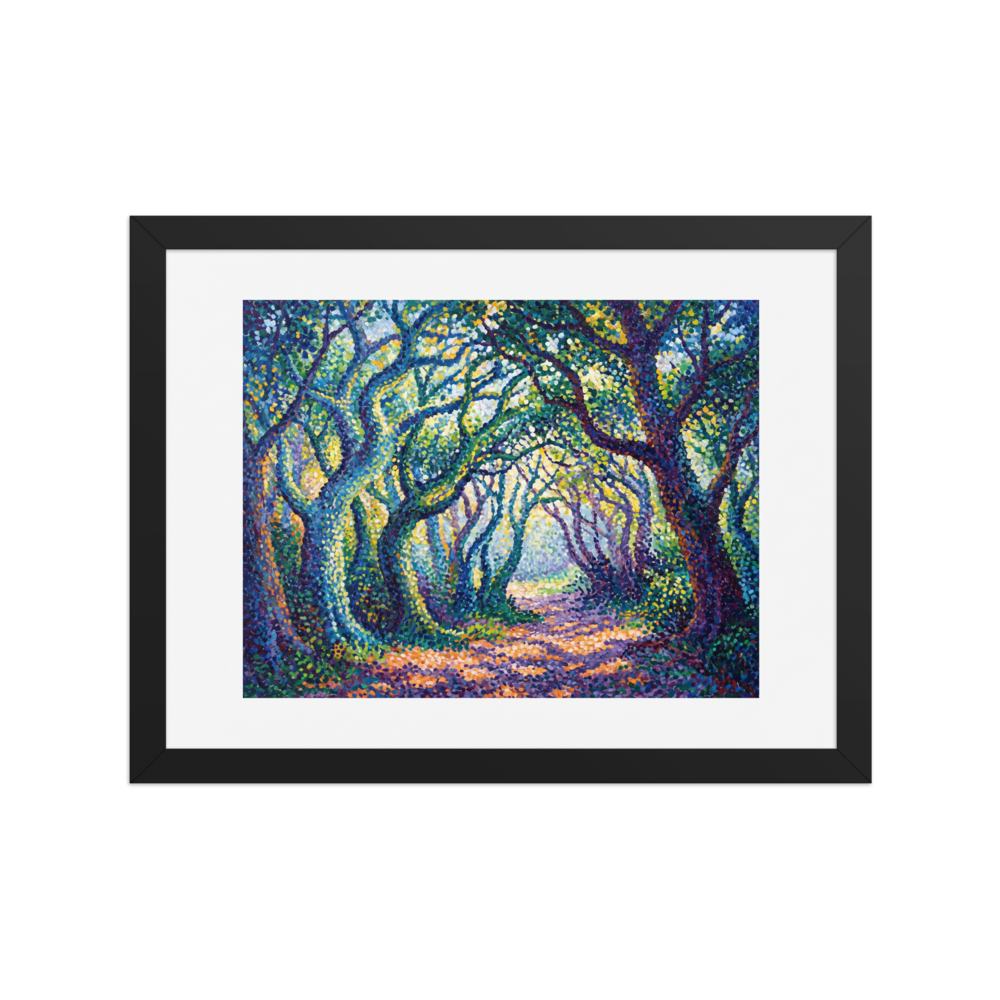 'The Enchanted Forest Path' by Meron. A Pointillist woodland painting of gnarled trees forming a canopy over a sun-dappled forest path in a Library. A Pointillism wall art print.