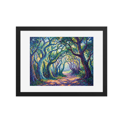 'The Enchanted Forest Path' by Meron. A Pointillist woodland painting of gnarled trees forming a canopy over a sun-dappled forest path in a Library. A Pointillism wall art print.