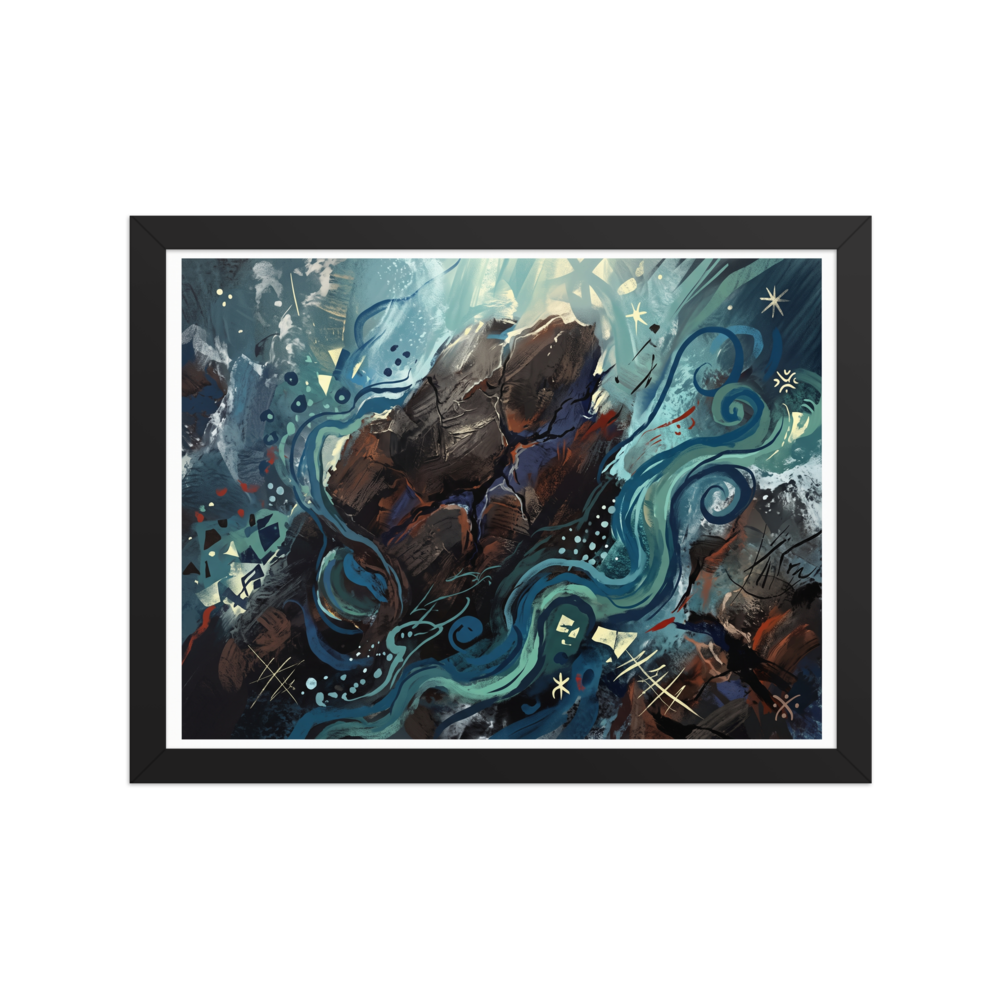 'Eternal Currents', a Abstract expressionism wall art print. An expressive semi-abstract painting of a dark rocky boulder surrounded by flowing turquoise currents and glowing symbols, ideal for a serene Bedroom or Living Room.