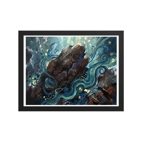 'Eternal Currents', a Abstract expressionism wall art print. An expressive semi-abstract painting of a dark rocky boulder surrounded by flowing turquoise currents and glowing symbols, ideal for a serene Bedroom or Living Room.