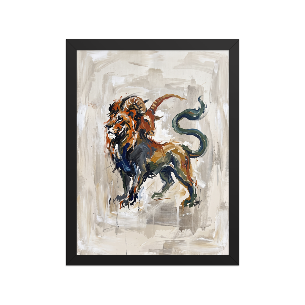 An expressive painting of the mythological Chimera, featuring a lion, goat, and serpent tail in earthy tones on a beige canvas, ideal for a striking living room display. 'The Chimera', a Expressionism print for the wall.