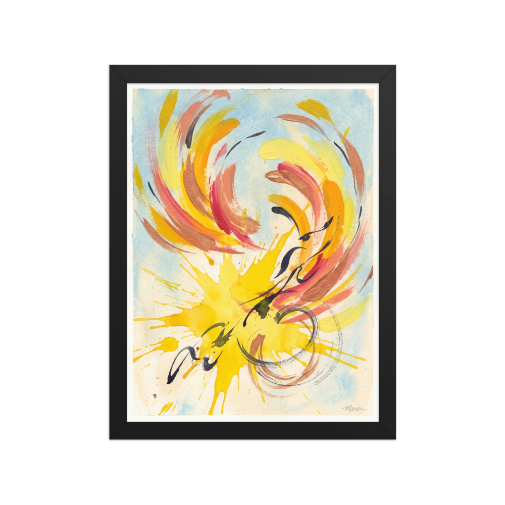Vibrant yellow, coral, and sky blue abstract watercolor splash styled on a sunroom wall. A Abstract expressionism print in yellow and light blue, 'Solstice Flight'.