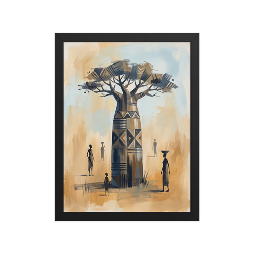 A calmness Figurative art print, 'Baobab of Ancestral Wisdom'. A painting of a majestic baobab tree adorned with traditional African geometric patterns surrounded by silhouetted figures, bringing warmth to a living room or study.