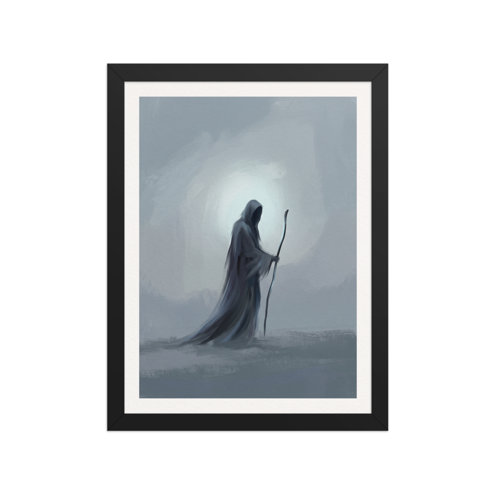 Fine art print 'The Solitary Wanderer' in a Symbolism style. A minimalist painting of a cloaked wanderer with a staff in a misty office wall art setting.