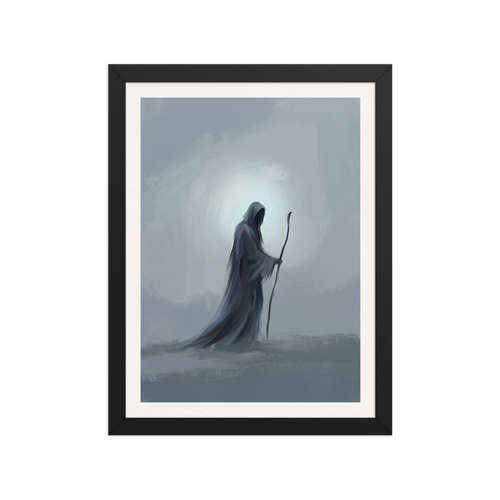 Fine art print 'The Solitary Wanderer' in a Symbolism style. A minimalist painting of a cloaked wanderer with a staff in a misty office wall art setting.