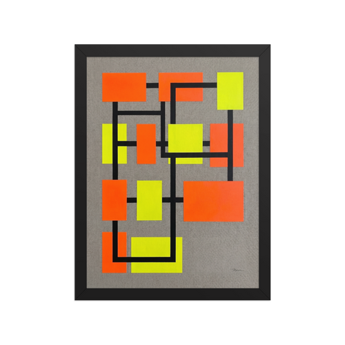 Vivid orange and yellow color blocks on a black geometric grid against gray linen in an office wall art print. Shown here as the De Stijl (also known as Neoplasticism) print 'Neon Gridlock'.