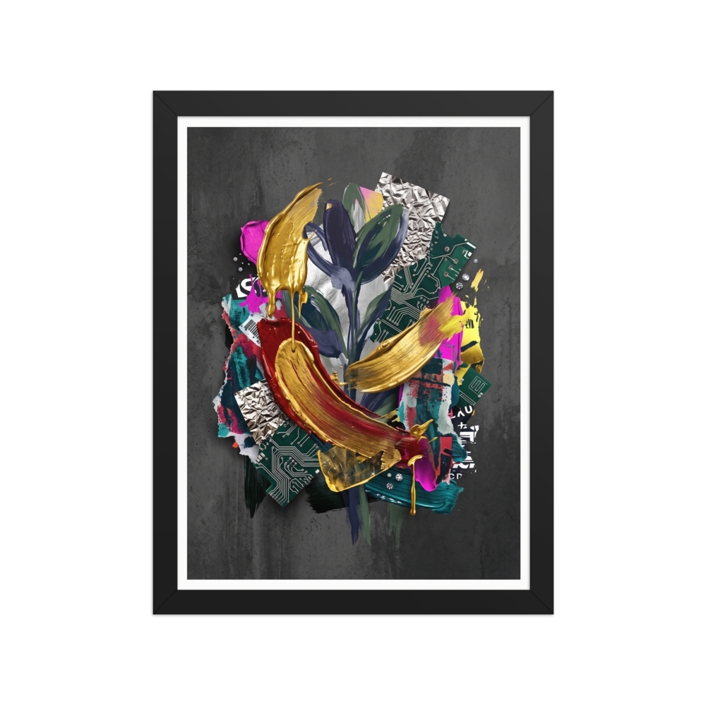 'Digital Alchemy', a Assemblage wall art print. A vibrant mixed-media collage combining botanical elements, circuit boards, and dripping metallic gold paint, creating a dramatic statement for a modern Studio or Living Room.