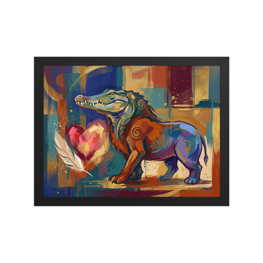 'Ammit and the Feather', part of Meron's Cubism wall art. A colorful expressionist painting of the Egyptian chimera Ammit with a heart and feather in a living room.