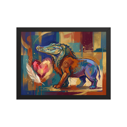 'Ammit and the Feather', part of Meron's Cubism wall art. A colorful expressionist painting of the Egyptian chimera Ammit with a heart and feather in a living room.