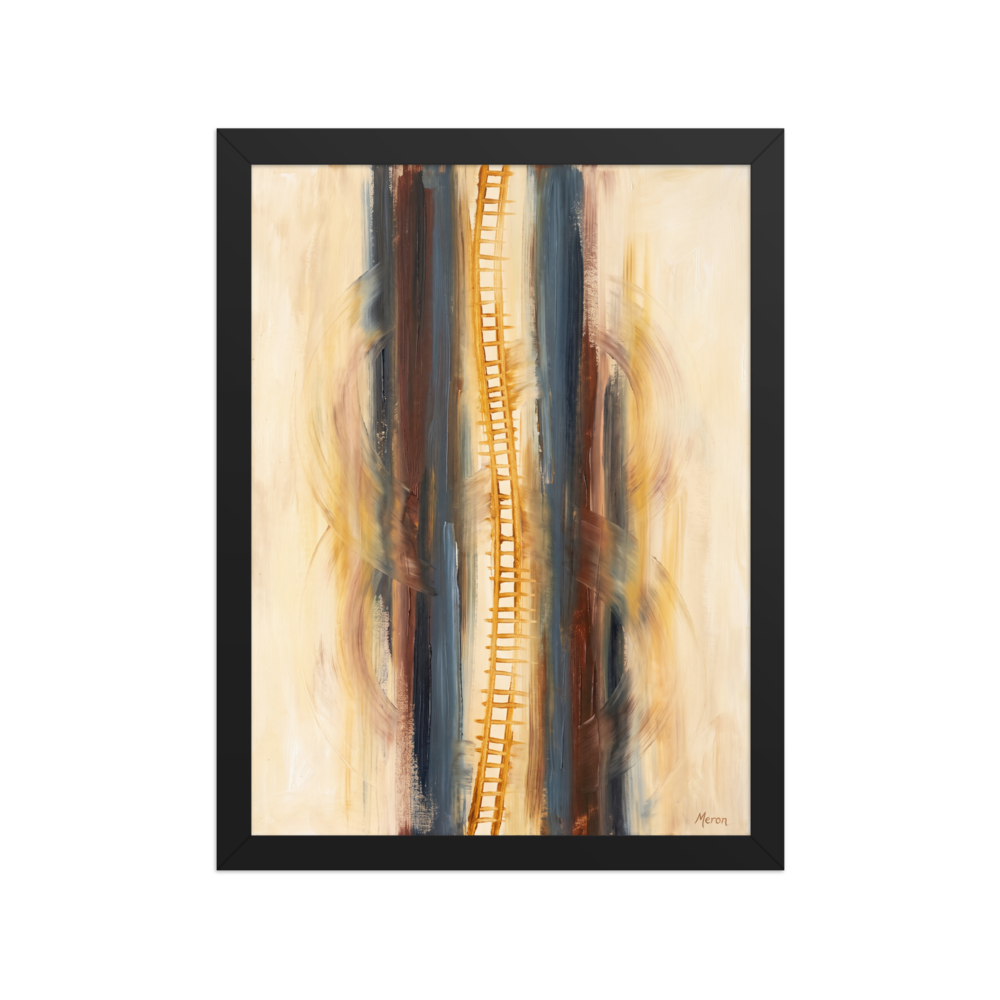 'Ascension in C Minor', part of Meron's Abstract art wall art. A golden ladder painterly motif centered between slate blue and brown vertical strokes with curved cello arcs in a hallway wall art piece.