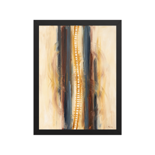 'Ascension in C Minor', part of Meron's Abstract art wall art. A golden ladder painterly motif centered between slate blue and brown vertical strokes with curved cello arcs in a hallway wall art piece.