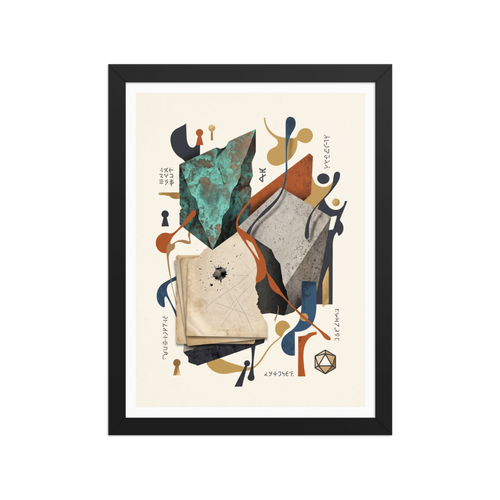 A modern surrealist assemblage featuring geometric stone blocks in turquoise and terracotta with abstract ribbons and alchemical runes, ideal for adding sophisticated interest to an office or living room. Shown here as the Dau-al-Set print 'Monoliths of the Arcane'.