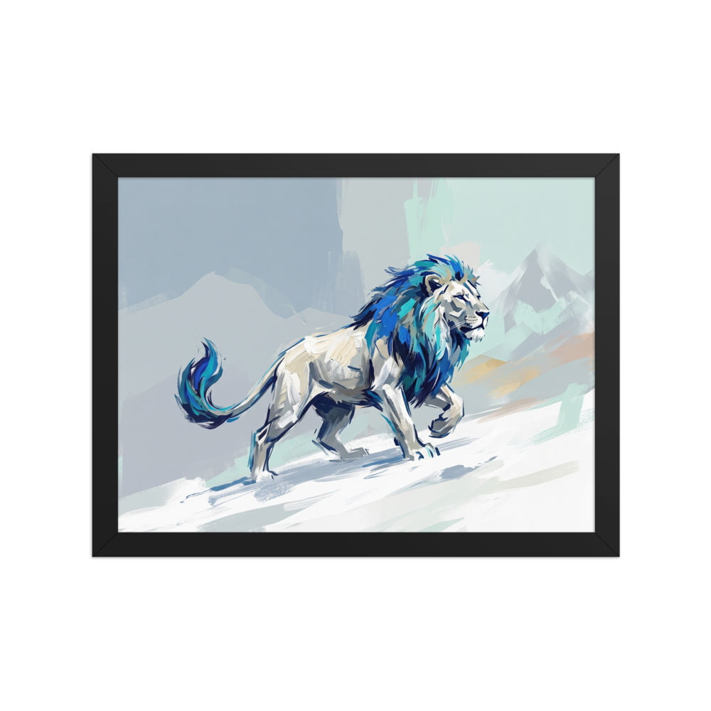 Wall art print 'Frost Guardian Lion' in a Expressionism style. Modern painting of a mythical silver lion with a glowing blue mane on a snowy mountain ridge for an office or living room wall.