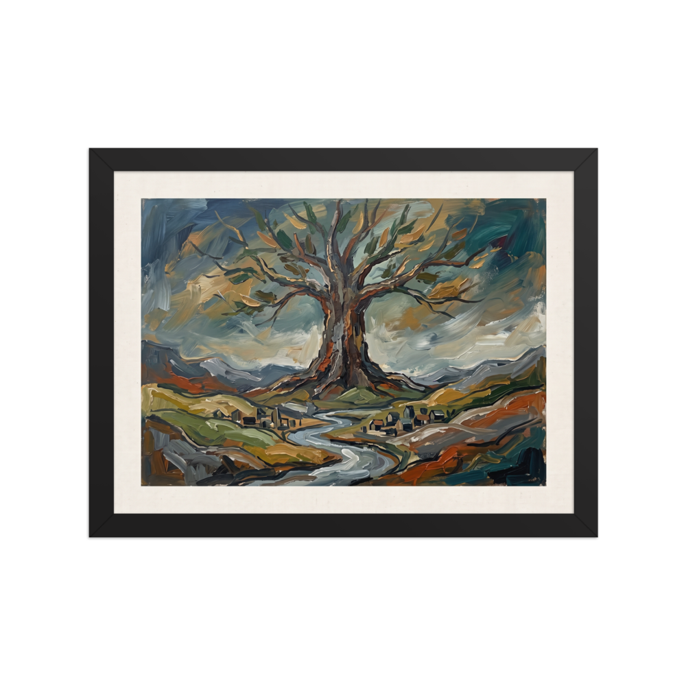 Earthy impasto landscape painting of the sacred Yggdrasil World Tree over a winding river, ideal wall art for a living room. A Expressionism print in olive and dark golden rod, 'Roots of Yggdrasil'.