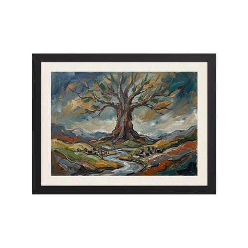 Earthy impasto landscape painting of the sacred Yggdrasil World Tree over a winding river, ideal wall art for a living room. A Expressionism print in olive and dark golden rod, 'Roots of Yggdrasil'.