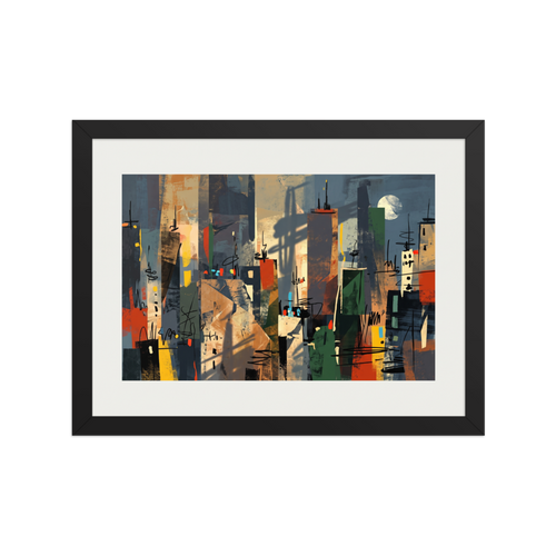 A faceted abstract cityscape with vertical towers in rust and blue, featuring a dramatic crane shadow and a full moon, perfect for a contemporary office or living room. A Dau-al-Set print in dark slate blue and sienna, 'Silhouette of Metropolis'.