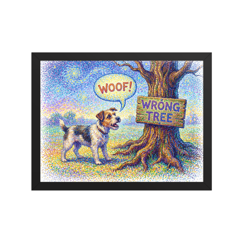 'Barking Up the Wrong Tree', Pointillism wall art in blue and green. A humorous pointillist painting of a dog barking at a tree with a sign that says 'WRONG TREE', perfect for a playful Game Room or Playroom.