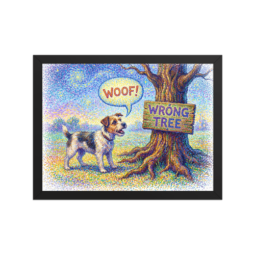 'Barking Up the Wrong Tree', Pointillism wall art in blue and green. A humorous pointillist painting of a dog barking at a tree with a sign that says 'WRONG TREE', perfect for a playful Game Room or Playroom.