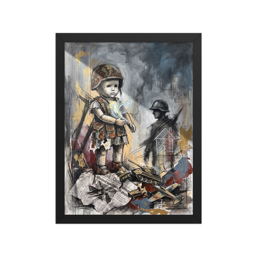 The Transgressive art print 'Innocence in the Ruins'. A mixed-media painting of a child in a military helmet holding a glowing white dove above toy tanks, creating a powerful statement piece for an office or living room.