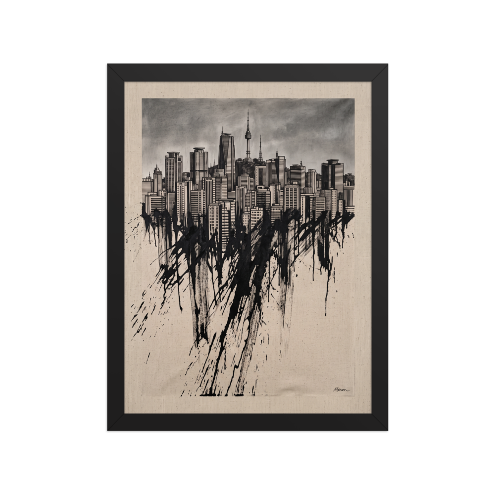Fine art print 'Seoul Melting into Ink' in a Expressionism style. Monochrome architectural illustration of Seoul skyline dissolving into heavy black ink drips, ideal for office or living room wall art.