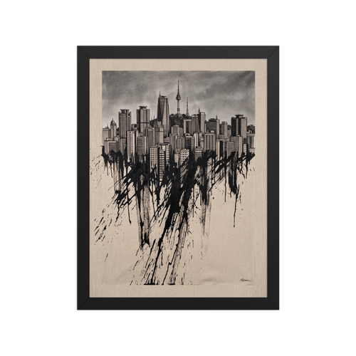 Fine art print 'Seoul Melting into Ink' in a Expressionism style. Monochrome architectural illustration of Seoul skyline dissolving into heavy black ink drips, ideal for office or living room wall art.