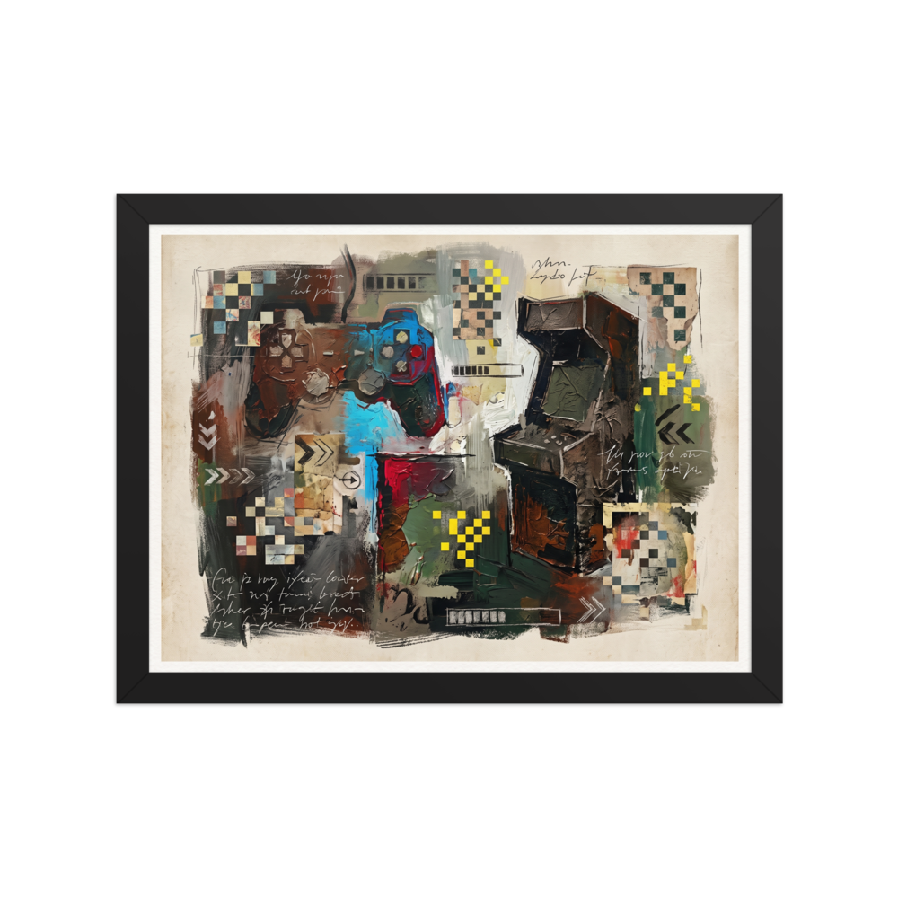 An impasto painting of a retro video game controller and arcade cabinet with pixel details, creating striking wall decor for a game room. A Dau-al-Set print in brown and blue, 'Arcade Relic'.