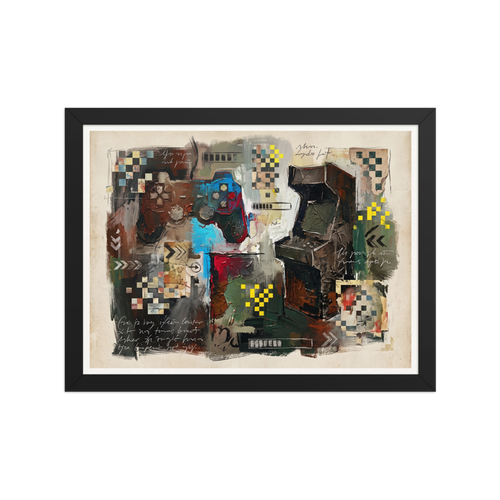 An impasto painting of a retro video game controller and arcade cabinet with pixel details, creating striking wall decor for a game room. A Dau-al-Set print in brown and blue, 'Arcade Relic'.