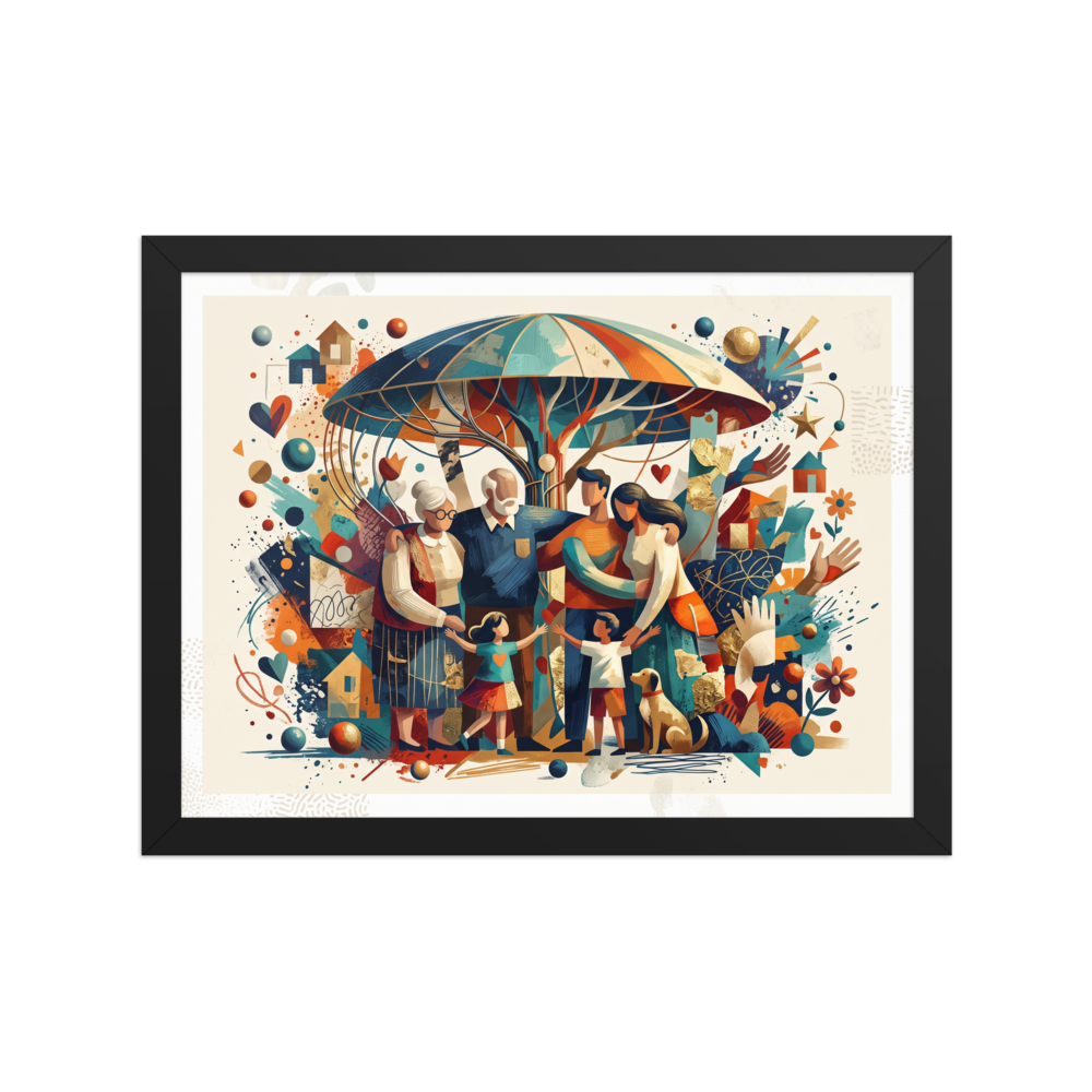 Figurative art wall art, 'Under the Family Canopy'. A heartwarming illustration of a multi-generational family and their dog under a stylized tree canopy in teal and orange, perfect for a cozy living room.