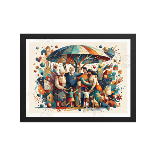 Figurative art wall art, 'Under the Family Canopy'. A heartwarming illustration of a multi-generational family and their dog under a stylized tree canopy in teal and orange, perfect for a cozy living room.