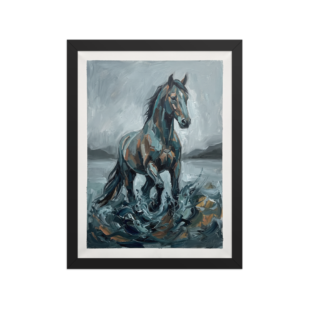 'The Water Horse'. An impasto oil painting of a majestic horse emerging from crashing water in dark greys and teals, perfect for a moody Office. Offered as a Impressionism print.
